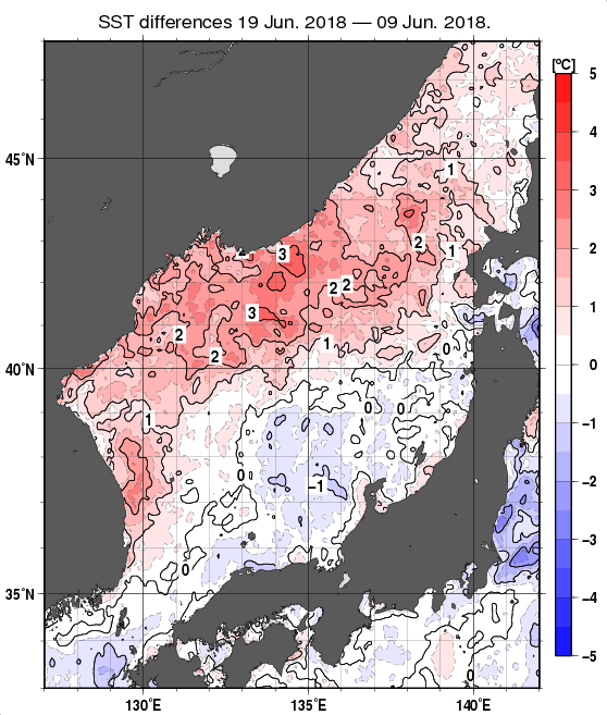 日本海の10日間の海面水温変化量分布図（6月19日）