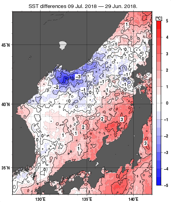 日本海の10日間の海面水温変化量分布図（7月9日）