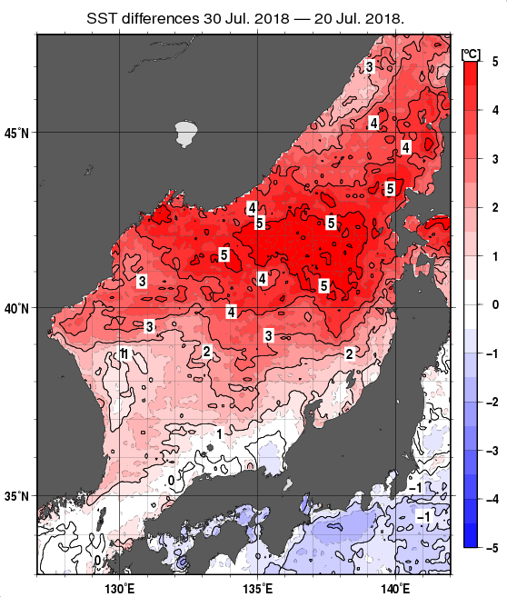 日本海の10日間の海面水温変化量分布図（7月30日）