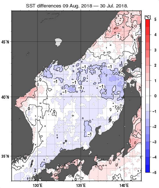 日本海の10日間の海面水温変化量分布図（8月9日）