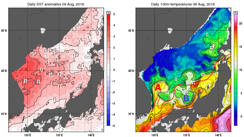 日本海の海面水温平年差分布図および深さ100mの水温分布図（8月9日）