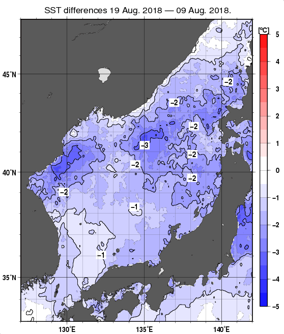 日本海の10日間の海面水温変化量分布図（8月19日）