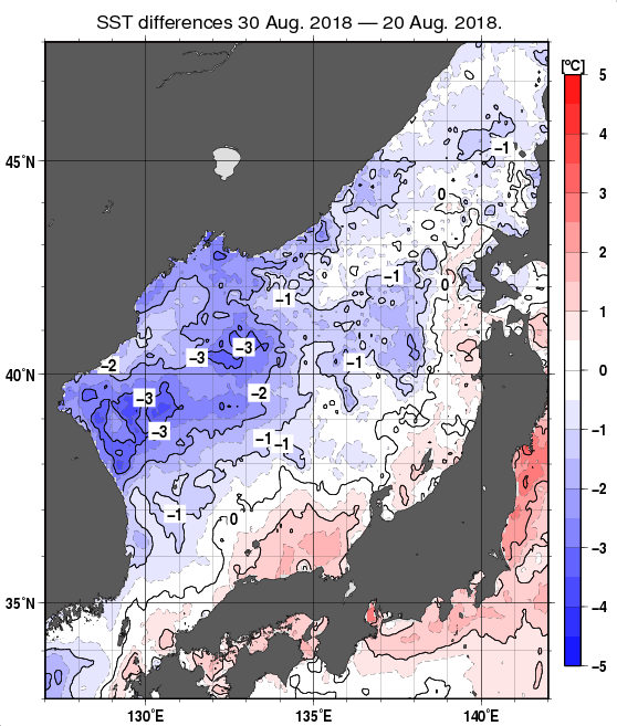 日本海の10日間の海面水温変化量分布図（8月30日）