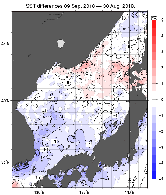日本海の10日間の海面水温変化量分布図（9月9日）