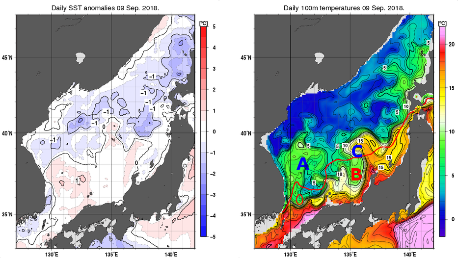 日本海の海面水温平年差分布図および深さ100mの水温分布図（9月9日）