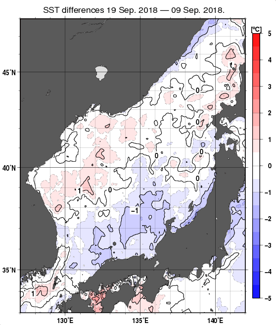 日本海の10日間の海面水温変化量分布図（9月19日）