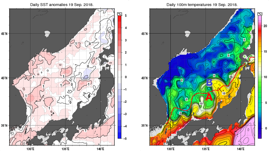 日本海の海面水温平年差分布図および深さ100mの水温分布図（9月19日）