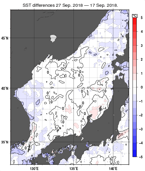 日本海の10日間の海面水温変化量分布図（9月27日）