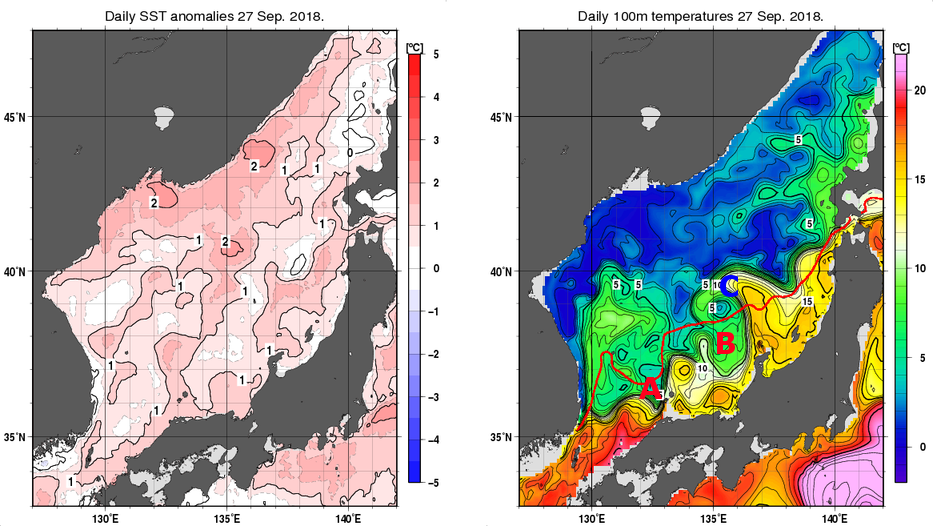 日本海の海面水温平年差分布図および深さ100mの水温分布図（9月27日）