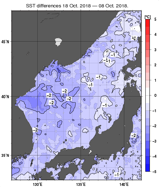 日本海の10日間の海面水温変化量分布図（10月18日）