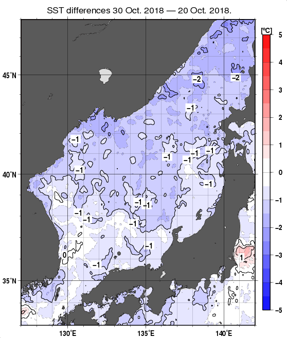 日本海の10日間の海面水温変化量分布図（10月30日）