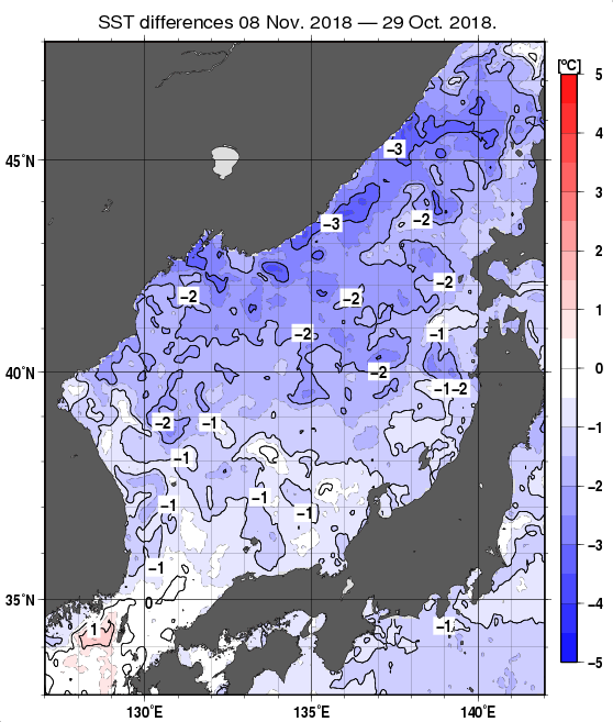 日本海の10日間の海面水温変化量分布図（11月8日）