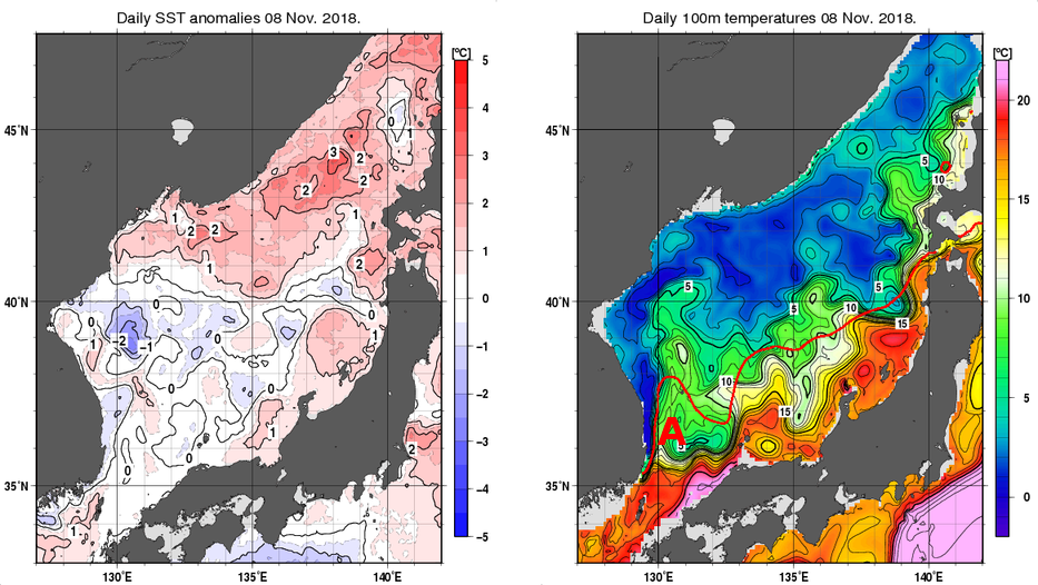 日本海の海面水温平年差分布図および深さ100mの水温分布図（11月8日）