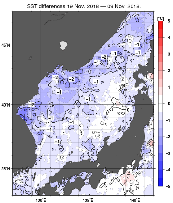 日本海の10日間の海面水温変化量分布図（11月19日）