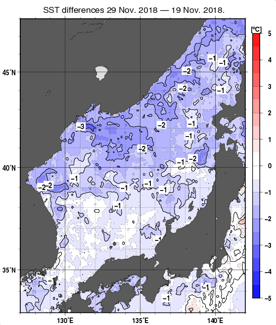 日本海の10日間の海面水温変化量分布図（11月29日）