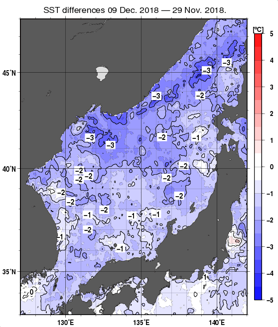 日本海の10日間の海面水温変化量分布図（12月9日）