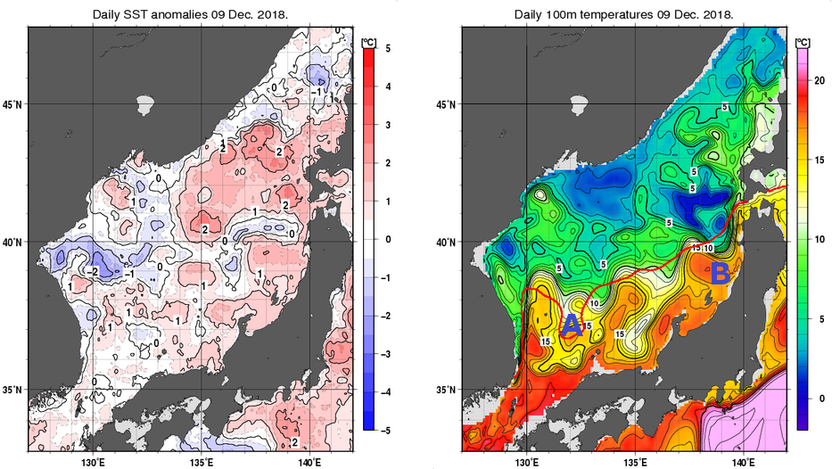 日本海の海面水温平年差分布図および深さ100mの水温分布図（12月9日）