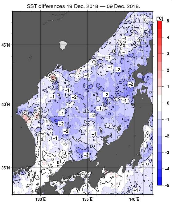 日本海の10日間の海面水温変化量分布図（12月19日）