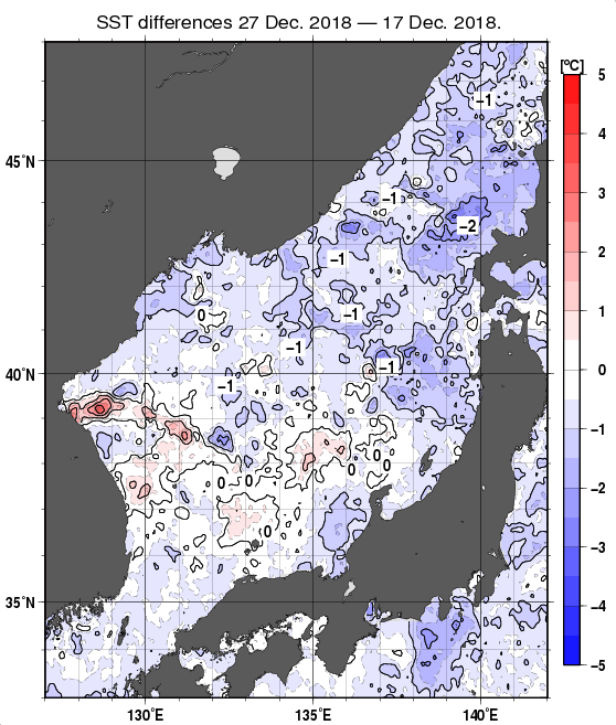 日本海の10日間の海面水温変化量分布図（12月27日）