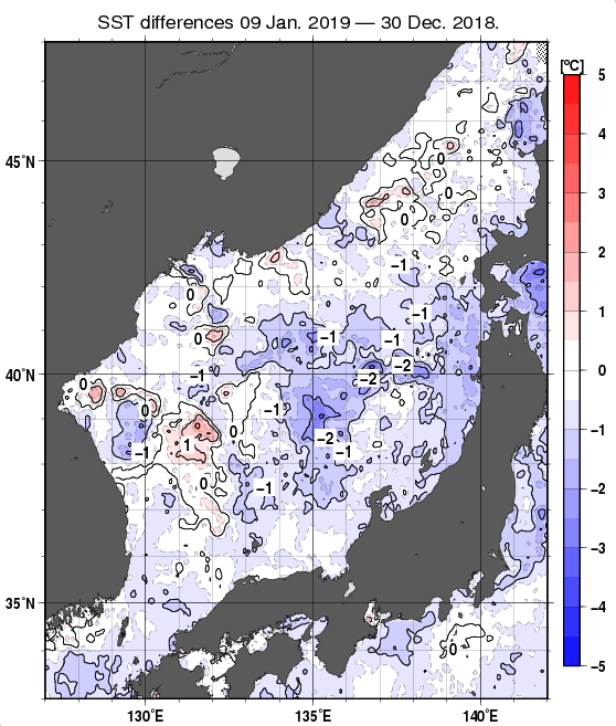 日本海の10日間の海面水温変化量分布図（1月9日）