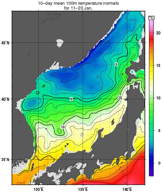 日本海の深さ100mの水温の旬別平年値(1982～2010年の29年間の平均)(1月中旬)