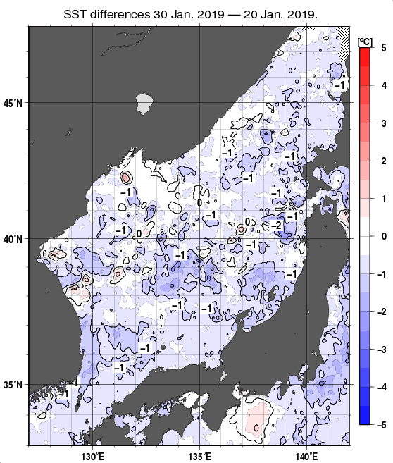 日本海の10日間の海面水温変化量分布図（1月30日）