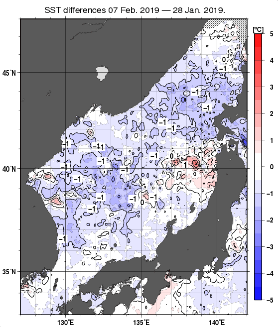 日本海の10日間の海面水温変化量分布図（2月7日）