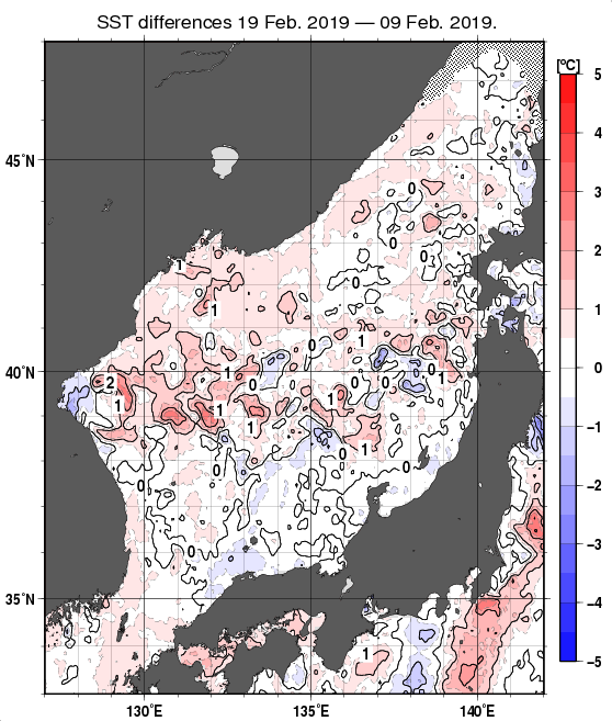 日本海の10日間の海面水温変化量分布図（2月19日）