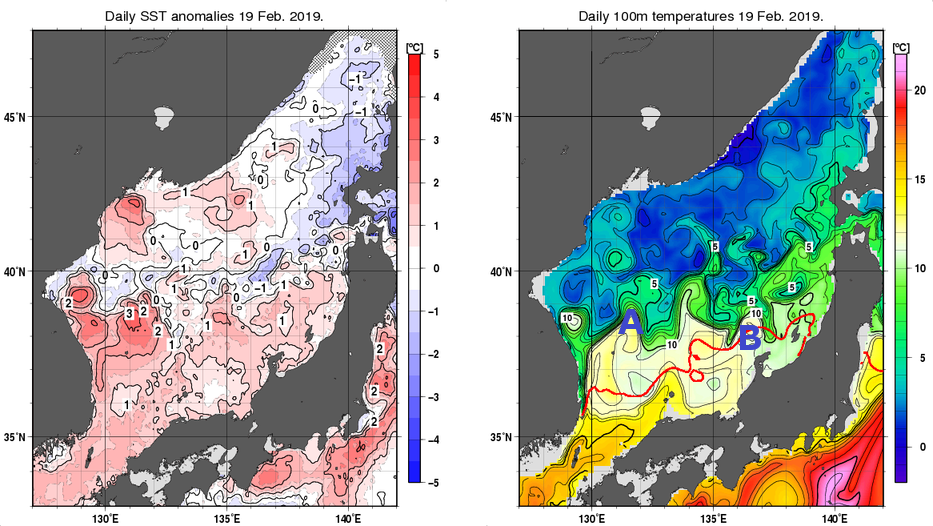 日本海の海面水温平年差分布図および深さ100mの水温分布図（2月19日）
