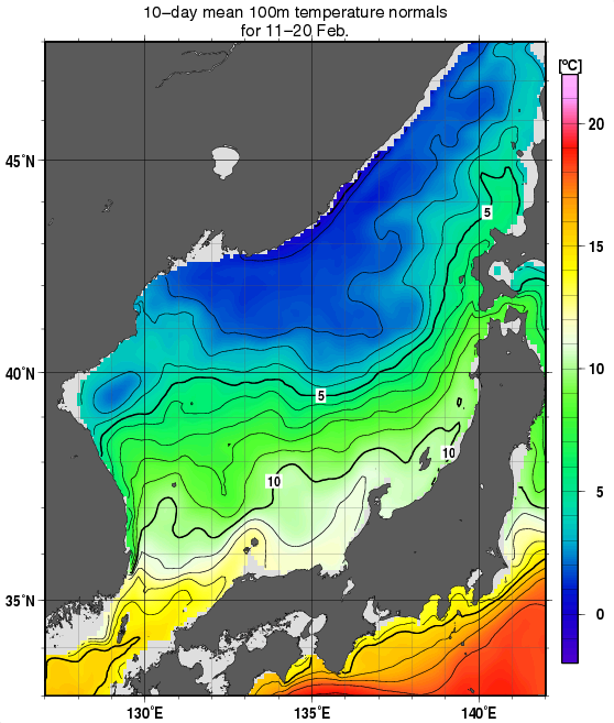 日本海の深さ100mの水温の旬別平年値(1982～2010年の29年間の平均)(2月中旬)