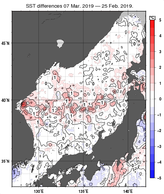 日本海の10日間の海面水温変化量分布図（3月7日）