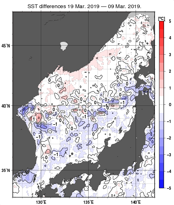 日本海の10日間の海面水温変化量分布図（3月19日）