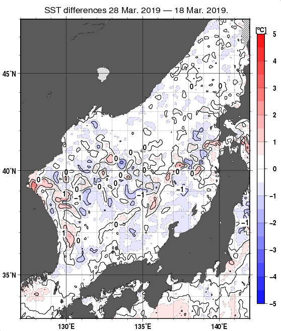 日本海の10日間の海面水温変化量分布図（3月28日）