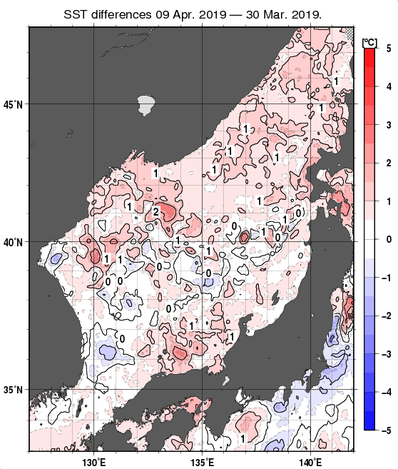 日本海の10日間の海面水温変化量分布図（4月9日）