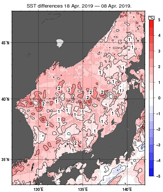 日本海の10日間の海面水温変化量分布図（4月18日）