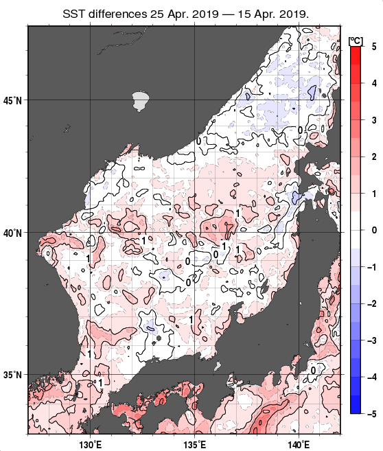日本海の10日間の海面水温変化量分布図（4月25日）