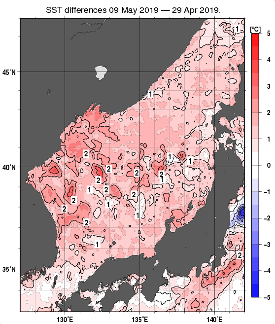 日本海の10日間の海面水温変化量分布図（5月9日）