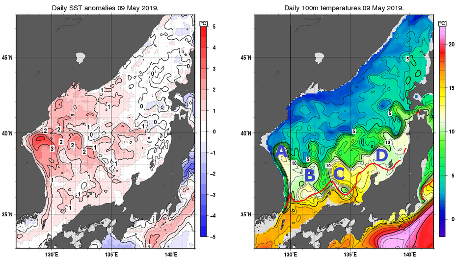 日本海の海面水温平年差分布図および深さ100mの水温分布図（5月9日）