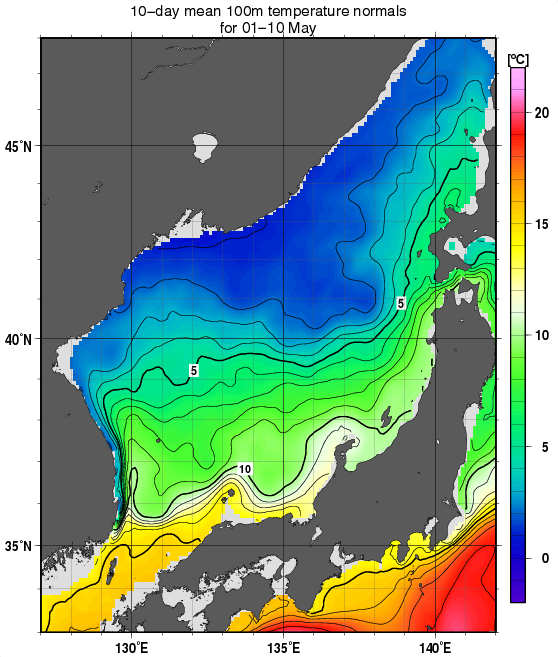 日本海の深さ100mの水温の旬別平年値(1982～2010年の29年間の平均)(5月上旬)