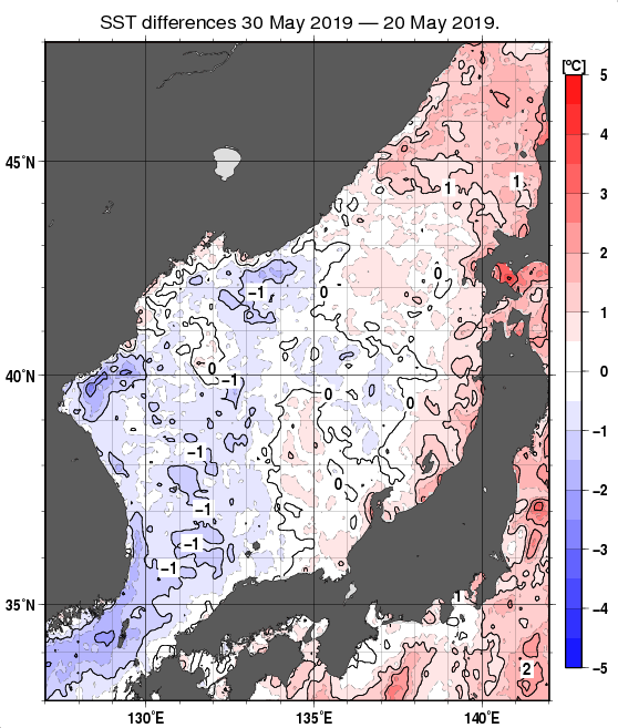 日本海の10日間の海面水温変化量分布図（5月30日）
