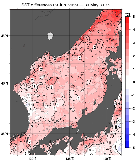 日本海の10日間の海面水温変化量分布図（6月9日）
