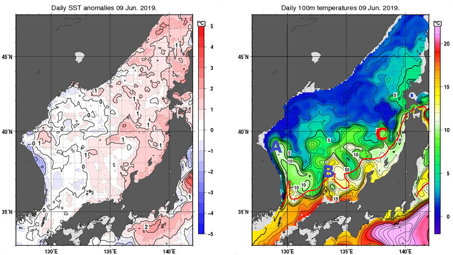 日本海の海面水温平年差分布図および深さ100mの水温分布図（6月9日）