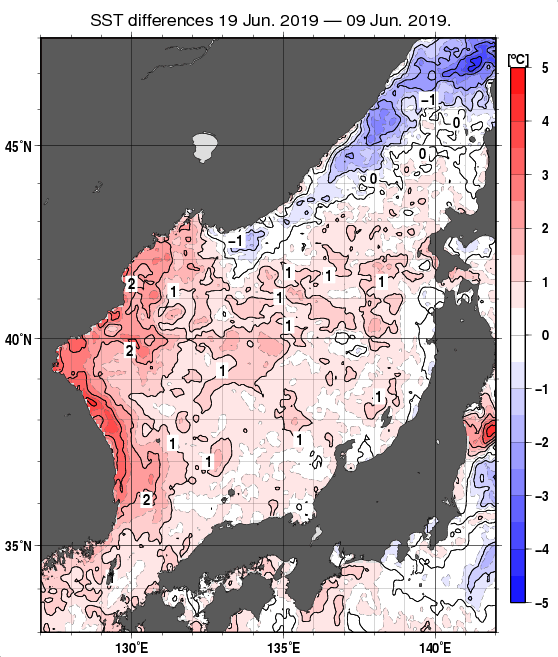 日本海の10日間の海面水温変化量分布図（6月19日）