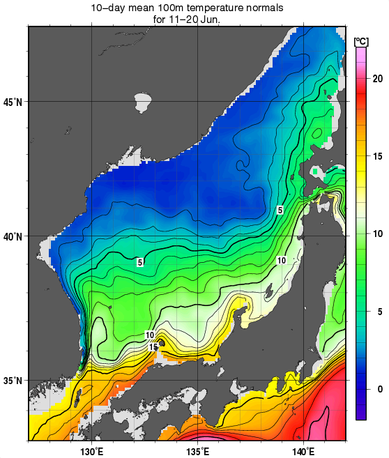 日本海の深さ100mの水温の旬別平年値(1982～2010年の29年間の平均)(6月中旬)