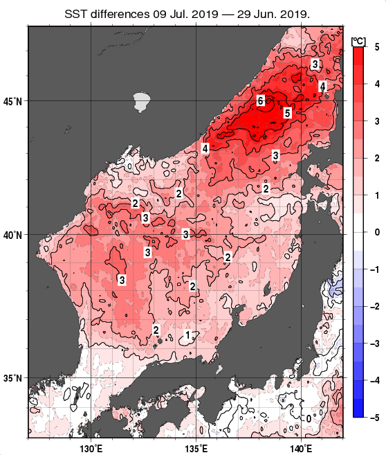 日本海の10日間の海面水温変化量分布図（7月9日）