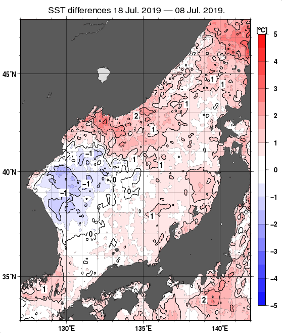 日本海の10日間の海面水温変化量分布図（7月18日）