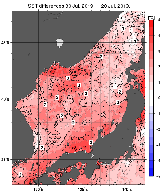 日本海の10日間の海面水温変化量分布図（7月30日）