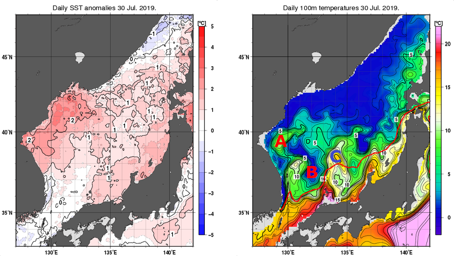 日本海の海面水温平年差分布図および深さ100mの水温分布図（7月30日）