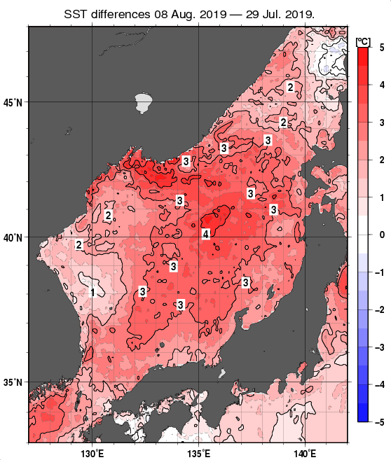 日本海の10日間の海面水温変化量分布図（8月8日）