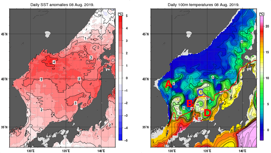 日本海の海面水温平年差分布図および深さ100mの水温分布図（8月8日）